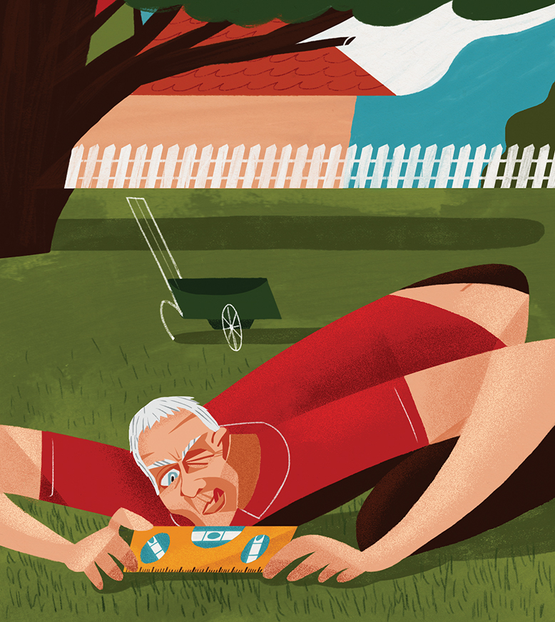 Illustration of man crouched to ground assessing his grass with a level