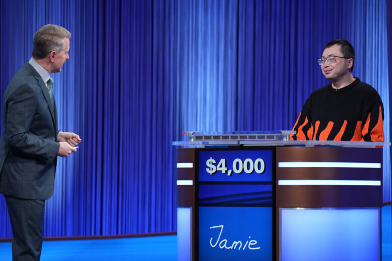 Jamie Ding with host Ken Jennings on Jeopardy