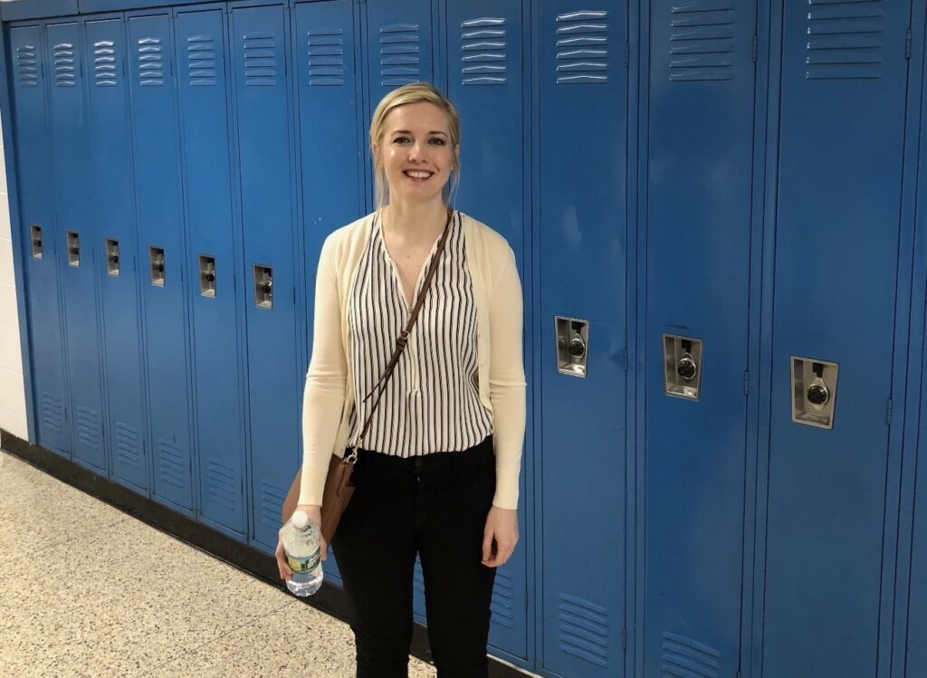 <b>Katie Dippold during a 2018 visit to Freehold Township High School to speak to the students.