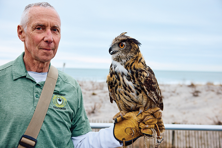 Man with trained owl at beach in Ocean City, NJ