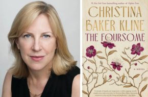 Headshot of author Christina Baker Kline alongside cover of her book "The Foursome"