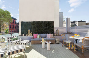 Colorful rooftop of brownstone in Hoboken, NJ
