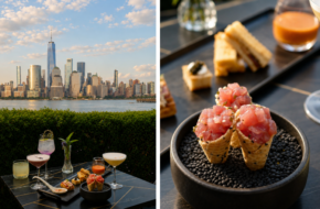 Images showing food, cocktails and NYC skyline views at the View at Jersey City's Lokal Eatery & Bar