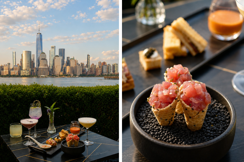 Images showing food, cocktails and NYC skyline views at the View at Jersey City's Lokal Eatery & Bar