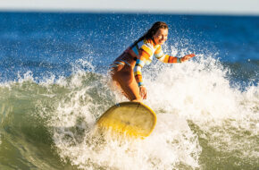 Caroline Duerr surfing at Manasquan Beach, NJ
