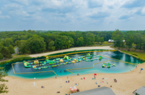 Aerial shot of the Splash Zone, a massive inflatable obstacle course at Darlington Lake in Mahwah, NJ