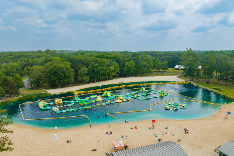 Aerial shot of the Splash Zone, a massive inflatable obstacle course at Darlington Lake in Mahwah, NJ
