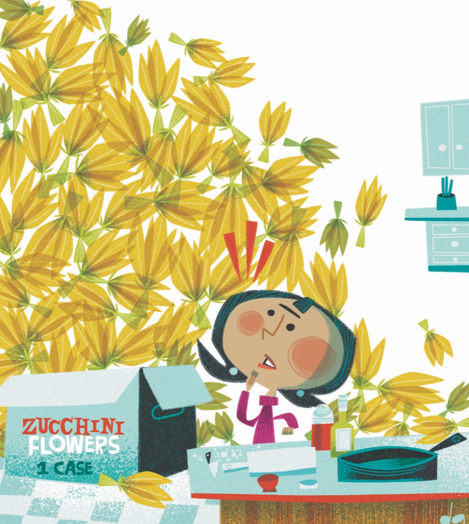 Illustration of woman in kitchen with an overflowing case of zucchini flowers behind her