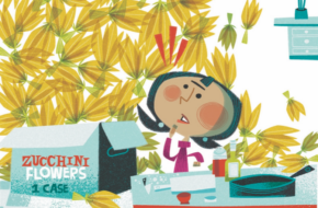 Illustration of woman in kitchen with an overflowing case of zucchini flowers behind her