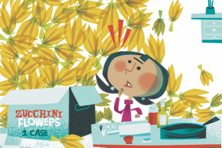 Illustration of woman in kitchen with an overflowing case of zucchini flowers behind her