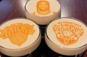 Glasses of Guinness with Knicks logos and player Jalen Brunson printed on foam at Cloverleaf Tavern in Caldwell, NJ