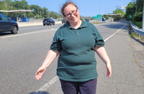 Former toll collector Allison E. Allen stands near Exit 5, where her toll booth once stood before all toll booths were removed.