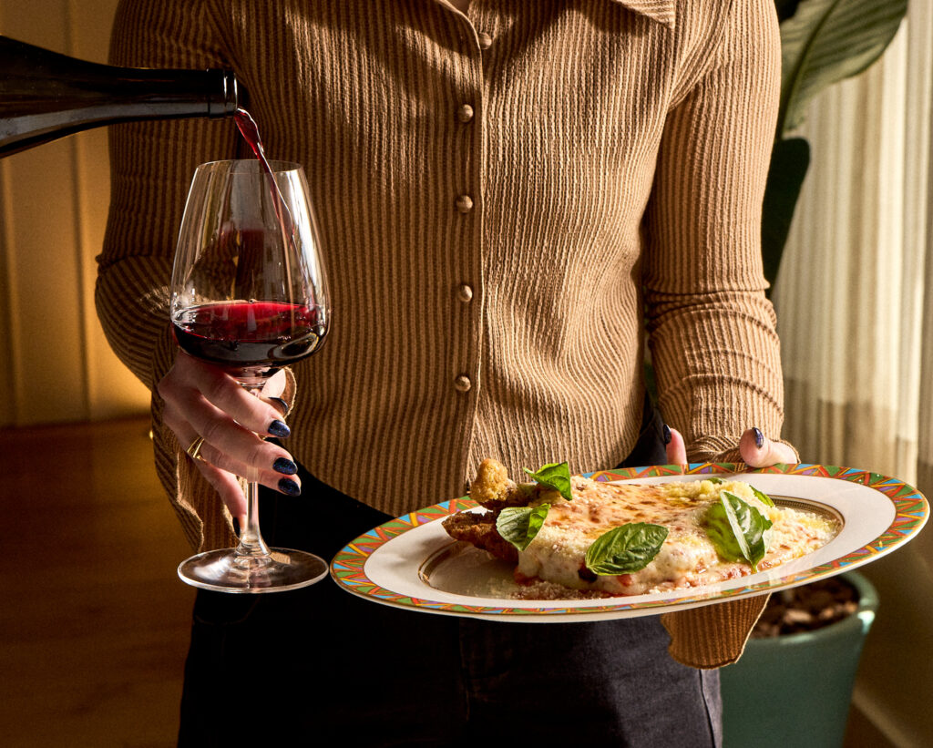 Chicken parm and a glass of red wine at Judy & Harry's in Asbury Park, NJ