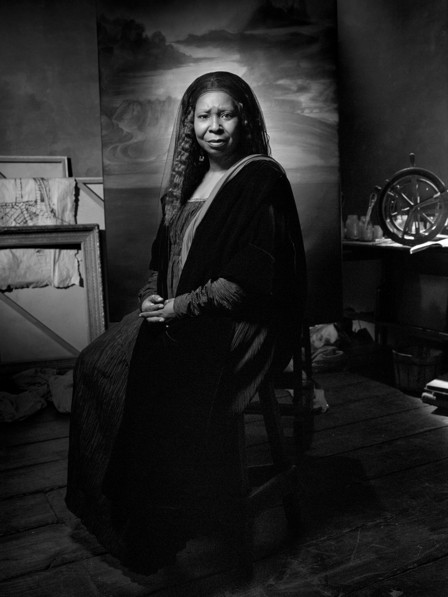 Black-and-white portrait of Whoopi Goldberg taken by photographer Timothy White