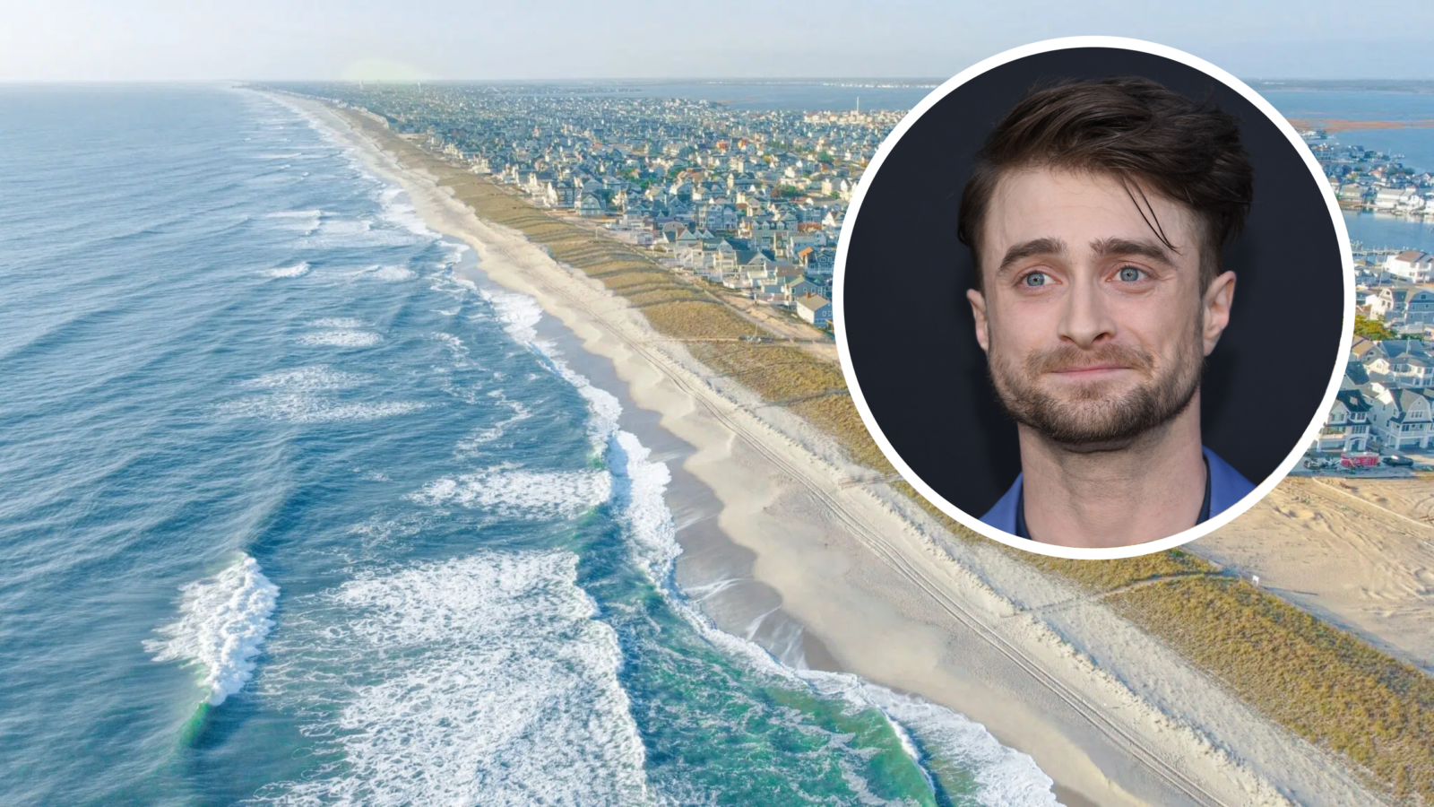An aerial view of the Jersey Shore with an overlay of a headshot of Daniel Radcliffe