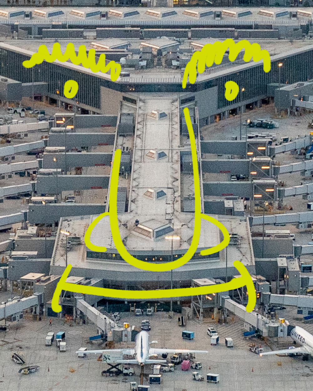Newark Airport with an overlay illustration of a face