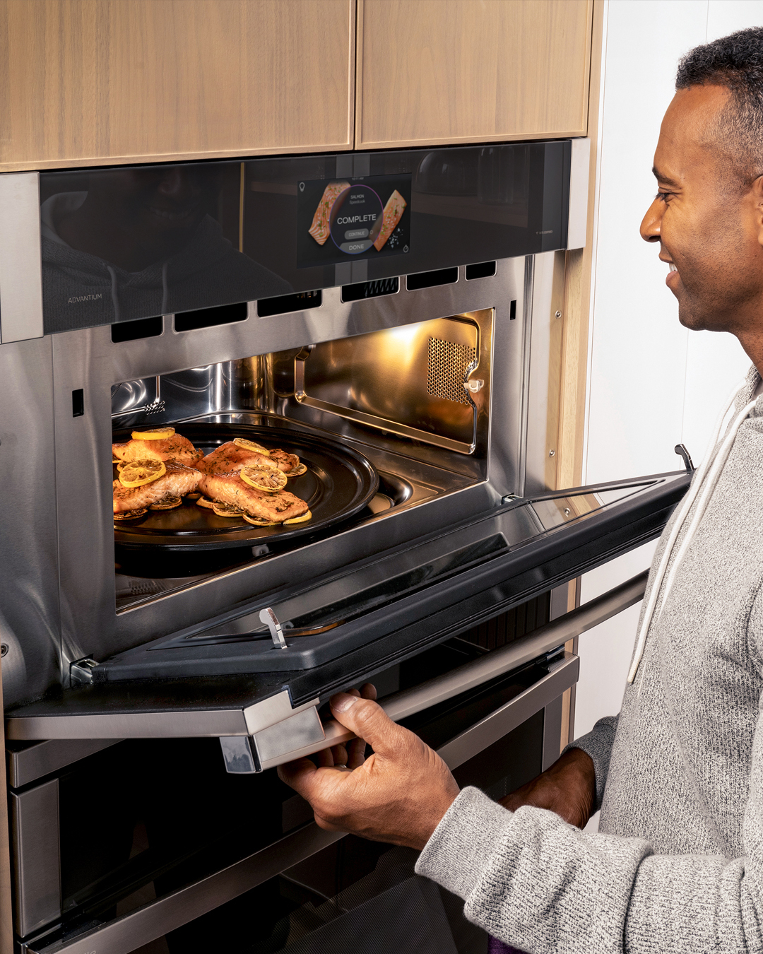 Salmon cooks in an Advantium Oven.