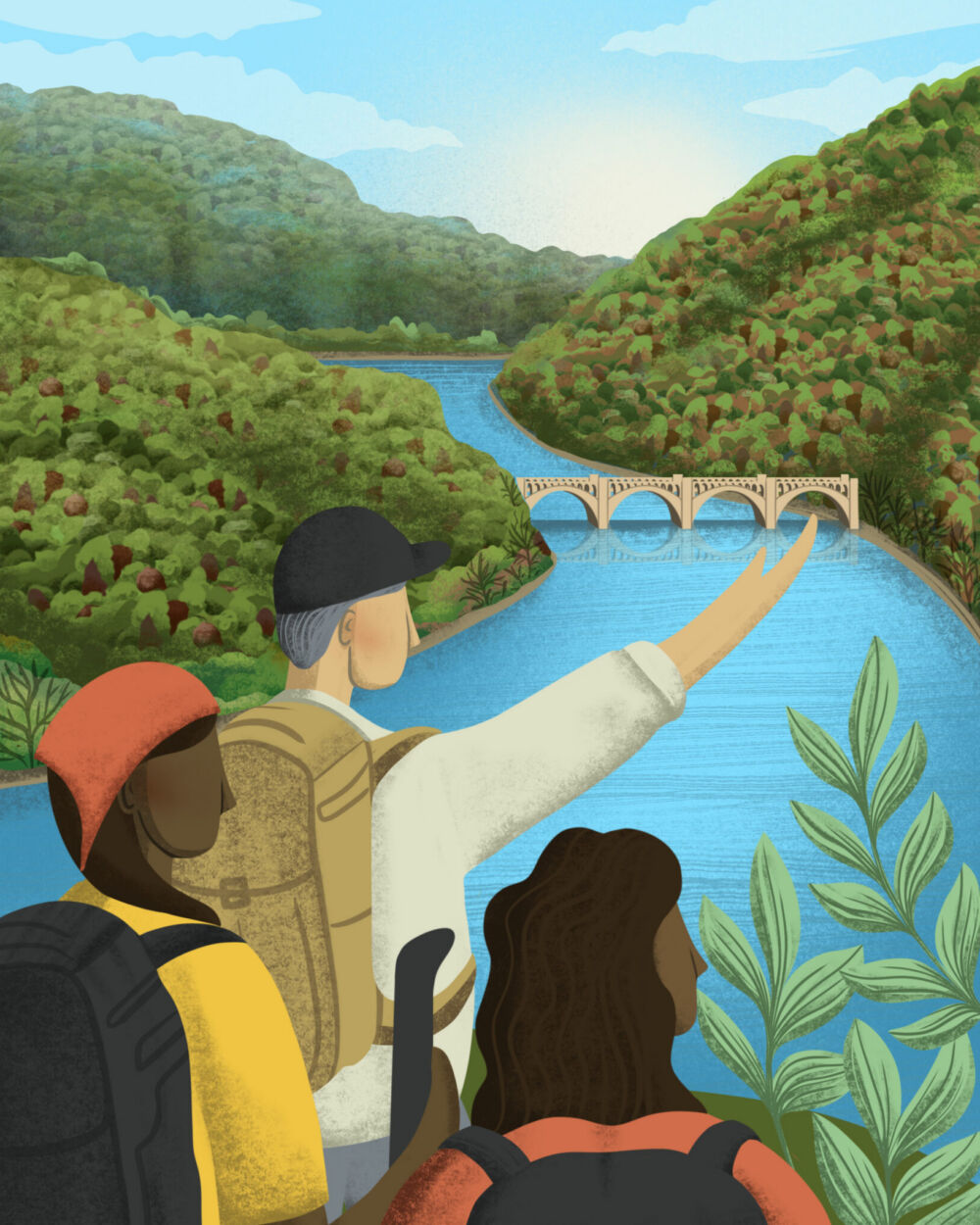 Illustration of man and students hiking Appalachian Trail