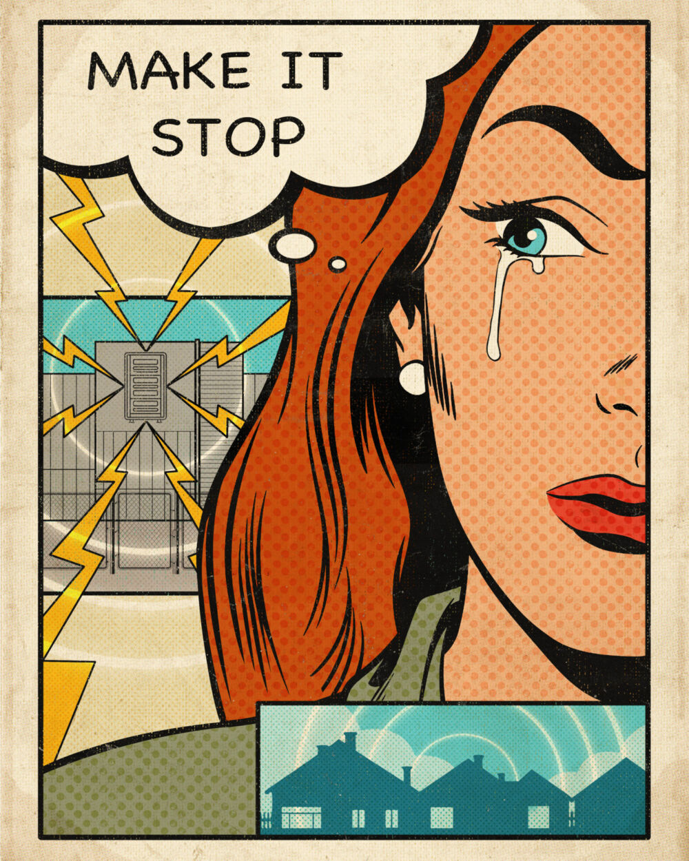 Illustration of woman with tear streaming down face amid images of data centers