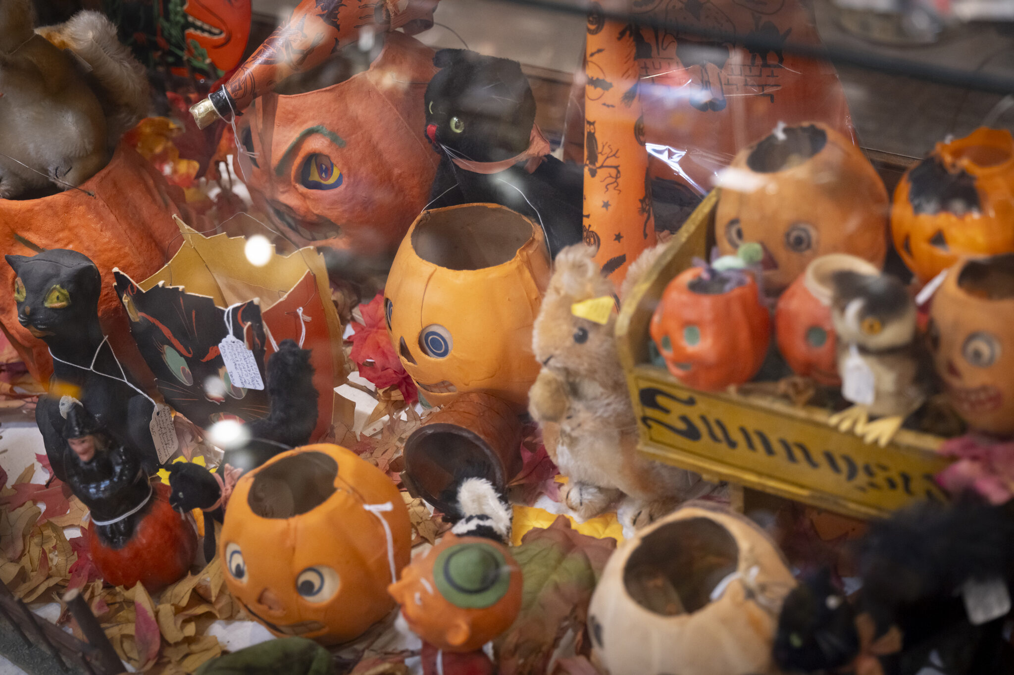 A Halloween display at the Mill in Lafayette, NJ, showcases an eclectic collection of pumpkin-themed keepsakes. 