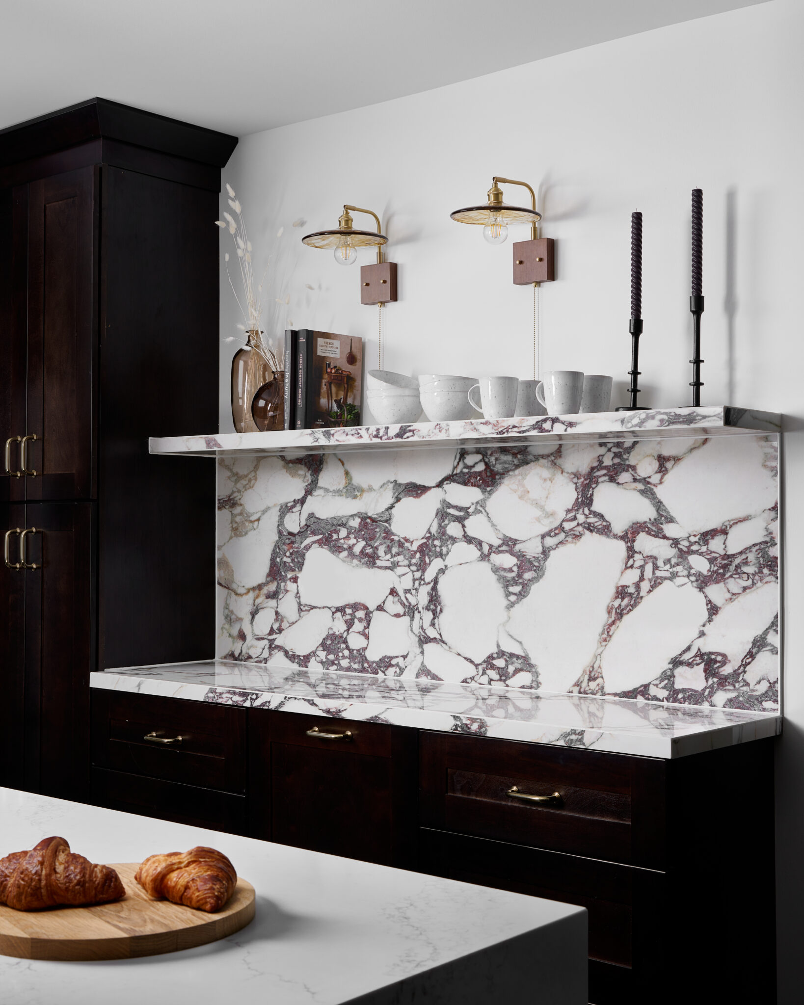 Inside a colonial home in Randolph, NJ, striking Viola porcelain replicates its marble counterpart—without the upkeep—at the designated coffee bar.  