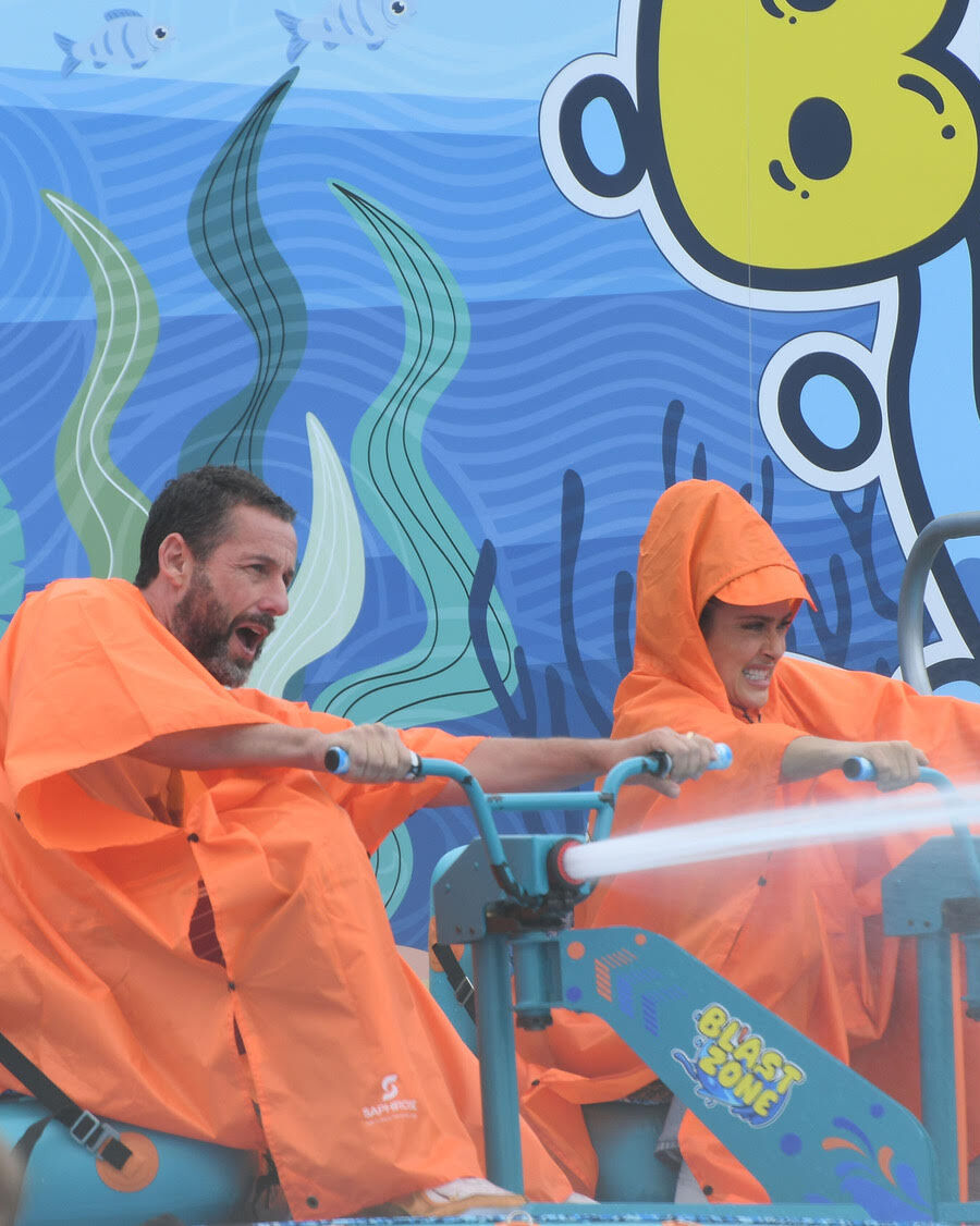 Adam Sandler and Salma Hayek shoot a scene for "Grown Ups 3" at Keansburg Amusement Park.