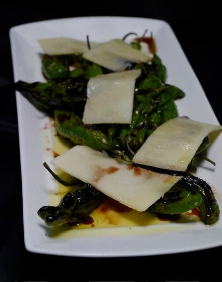 Grilled Shishito Peppers with Sharp Provolone and Red Wine Vinaigrette