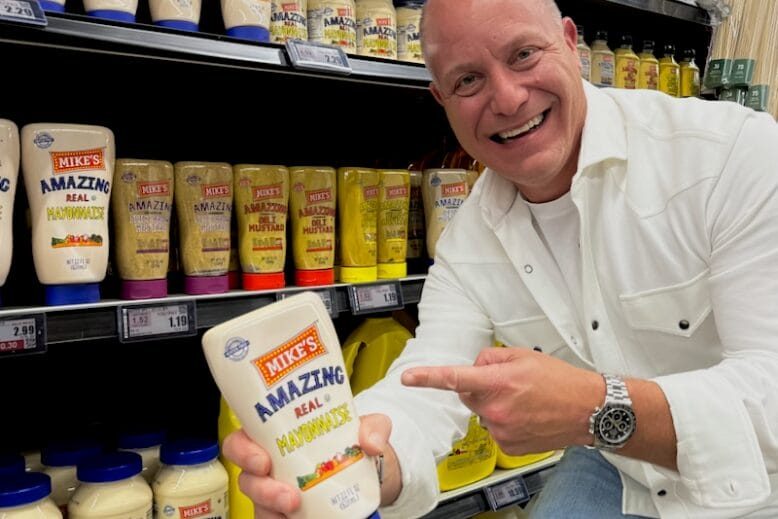 Michael Leffler holds a bottle of his mayo.