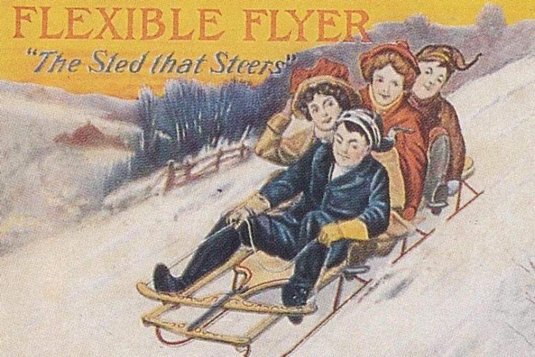Vintage illustration of children on a Flexible Flyer sled