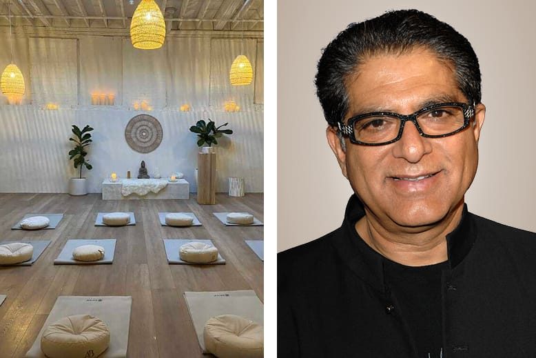 Split image of mats in a meditation room and a headshot of Deepak Chopra