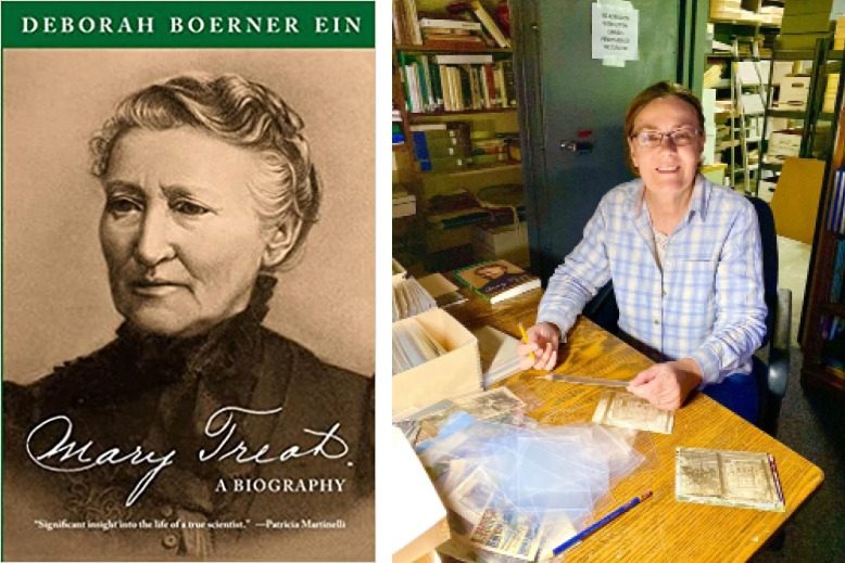 Joint photo of book cover of Deborah Boerner Ein's "Mary Treat: A Biography" and author photo of Deborah Boerner Ein