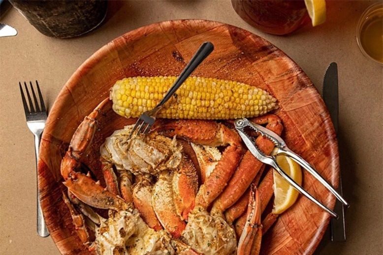 Crab legs and corn at Blue Claw Crab Eatery