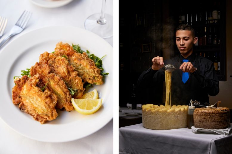 A photo of fried zucchini flowers, next to a photo of a tableside chef mixing pasta inside a wheel of Pecorino Romano.