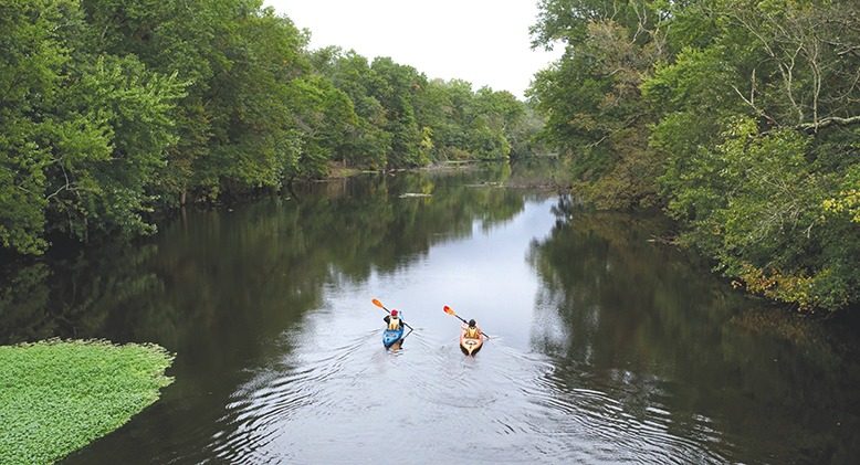 Two kayakers paddle down the Passaic River.