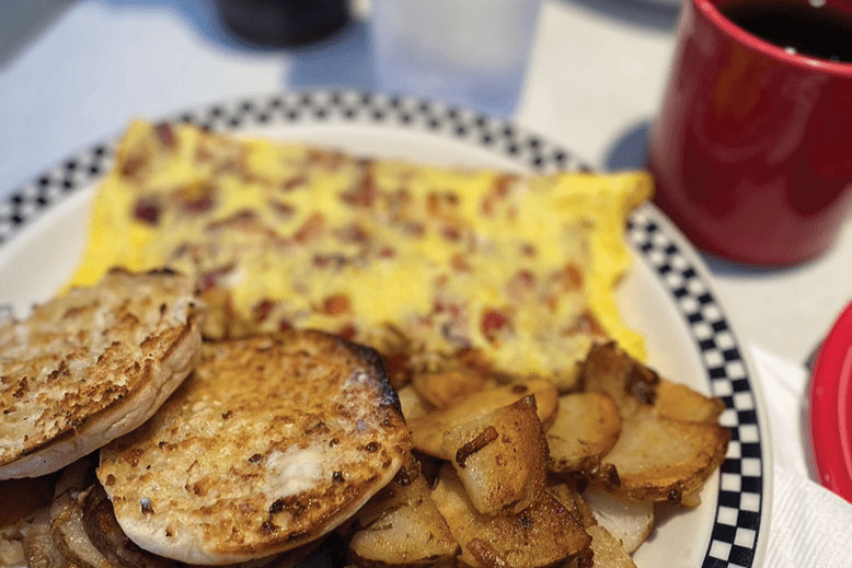 A platter of eggs, potatoes and an English muffin at Bill's Luncheonette in Chester
