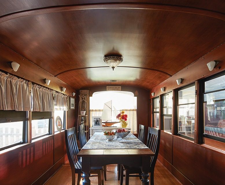 The dining room of the Sjonells’ vintage trolley car.