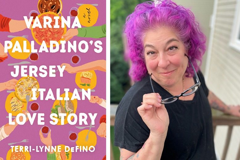 Book cover of new novel "Varina Palladino’s Jersey Italian Love Story," next to author headshot of Terri Lynne DeFino, who has purple hair
