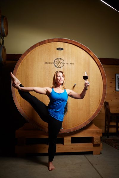 Jamie Taylor limbers up in the tasting room at Beneduce Vineyards.