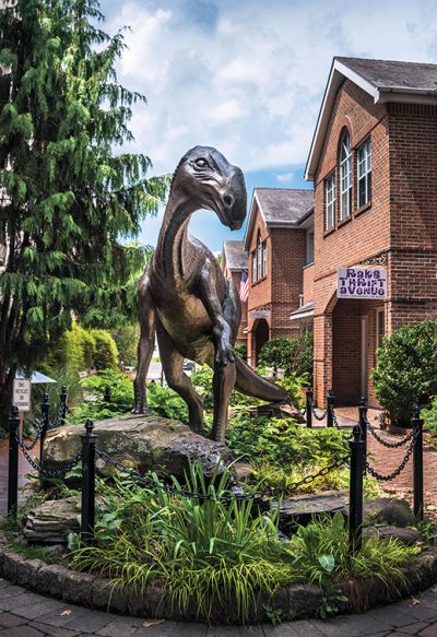 Haddy, a life-sized Hadrosaurus statue, commemorates the discovery of the dinosaur in Haddonfield.