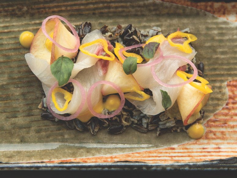 Sashimi with peach purée and wild rice.