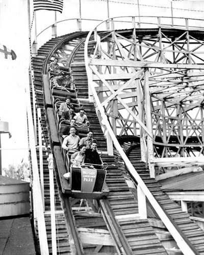 Riding the Cyclone at Palisades Amusement Park. The park closed in 1971, replaced by condo towers.
