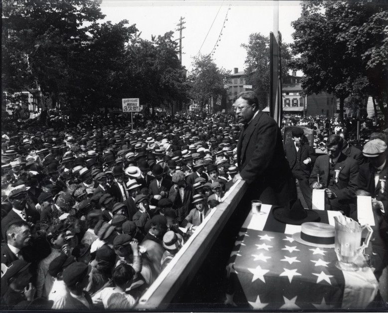 Former President Theodore Roosevelt stumps for the Republican nomination in Monument Square, a few blocks from the Rutgers campus, on May 25, 1912.