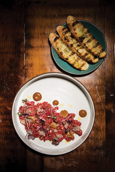 Beef tartare with grilled, house-made sourdough bread.