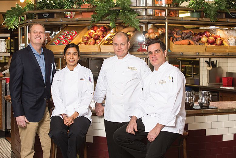 Chip Grabowski, far left, recruited chefs Bill Hendra, far right, and Bruce Johnson in 1996. They pose at Urban Table in Morristown with its executive chef, Lauren Owens.