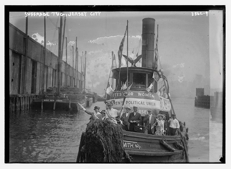 A suffragette tugboat in Jersey City.