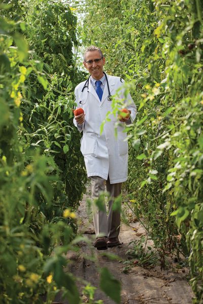 Dr. Ron Weiss grows tomatoes and other produce free of synthetic chemicals at Ethos Primary Care. He sees a whole-foods, plant-based diet as essential to improved health.
