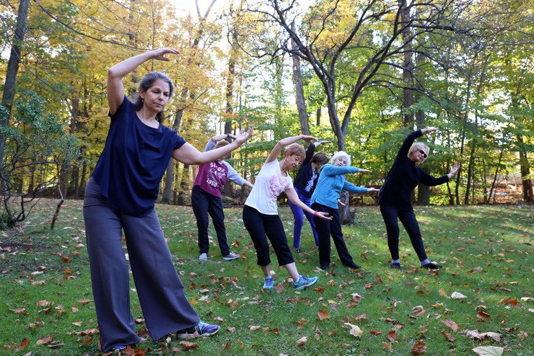 Instructor Miriam Shankman, left, leads a group of Cedar Grove women in a qigong class. Front row, from left: Joyce Fizgerald, Dolores Alu and Angela Buccino. Back row: Nora Panaia and Martha L. Mendoza.