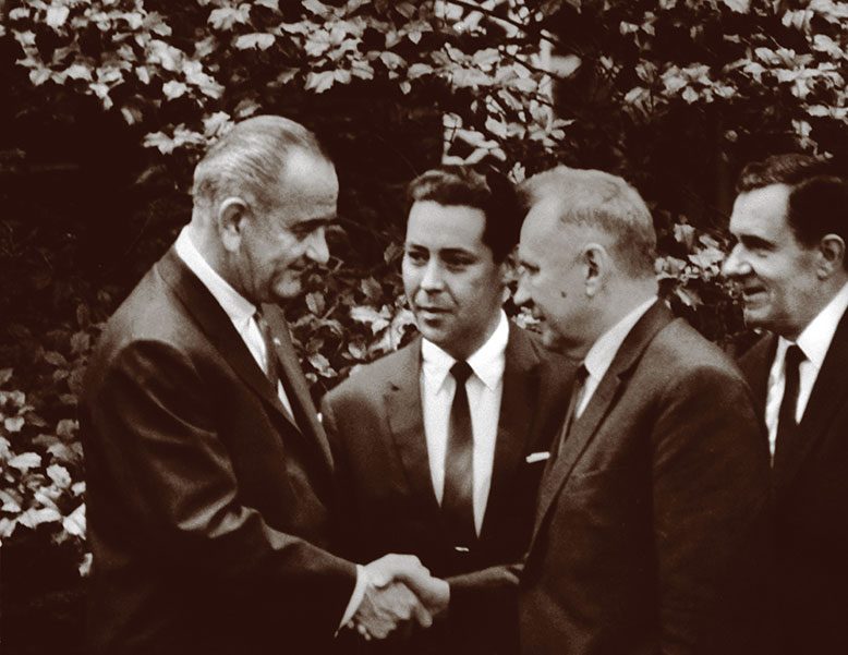 President Lyndon B. Johnson, left, and Soviet premier Alexei Kosygin exchange greetings at the opening of the Glassboro Summit. At center is Soviet foreign minister Andrei A. Gromyko.