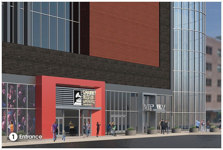 Artist rendering of the entrance to the new Grammy Museum at the Prudential Center in Newark. The museum will emphasize education and interactive experiences.