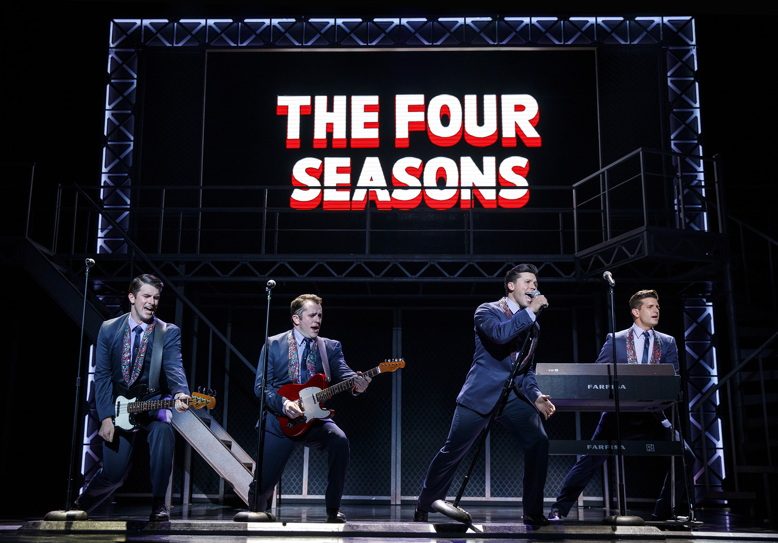 From left, Chris Stevens (Nick Massi,)Corey Greenan (Tommy DeVito), Johnny Wexler (Frankie Valli), and Tommaso Antico (Bob Gaudio), the current cast for the ‘Jersey Boys” national tour. See them at State Theatre on Oct 13-15.